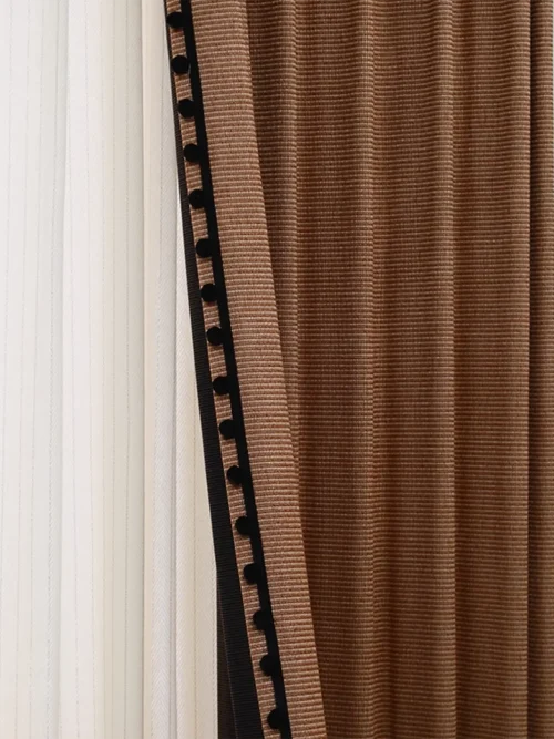 vintage striped curtains with tweed texture in warm brown