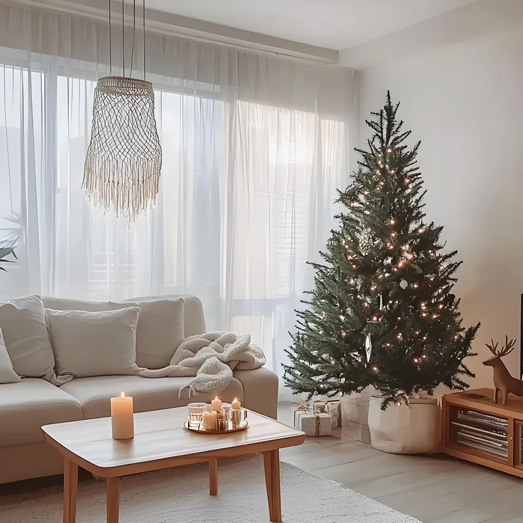 Close-up of a curtain rod wrapped in a thick evergreen garland, illustrating the DIY technique on how to decorate curtains for Christmas by softening hardware lines.