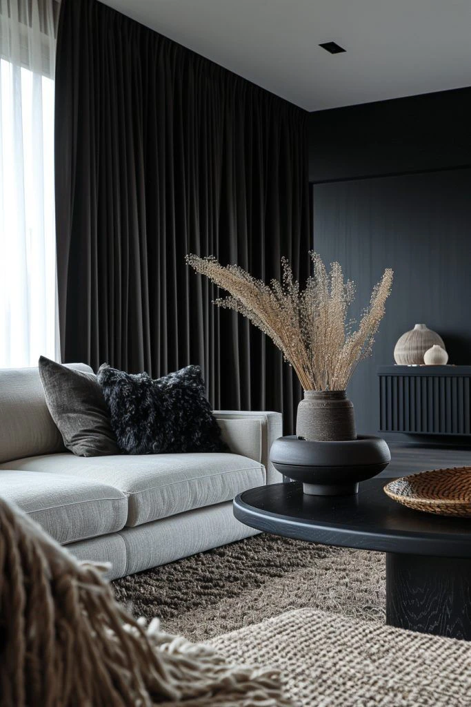 curtain styles 2026 with dark monochrome curtains in a modern living room