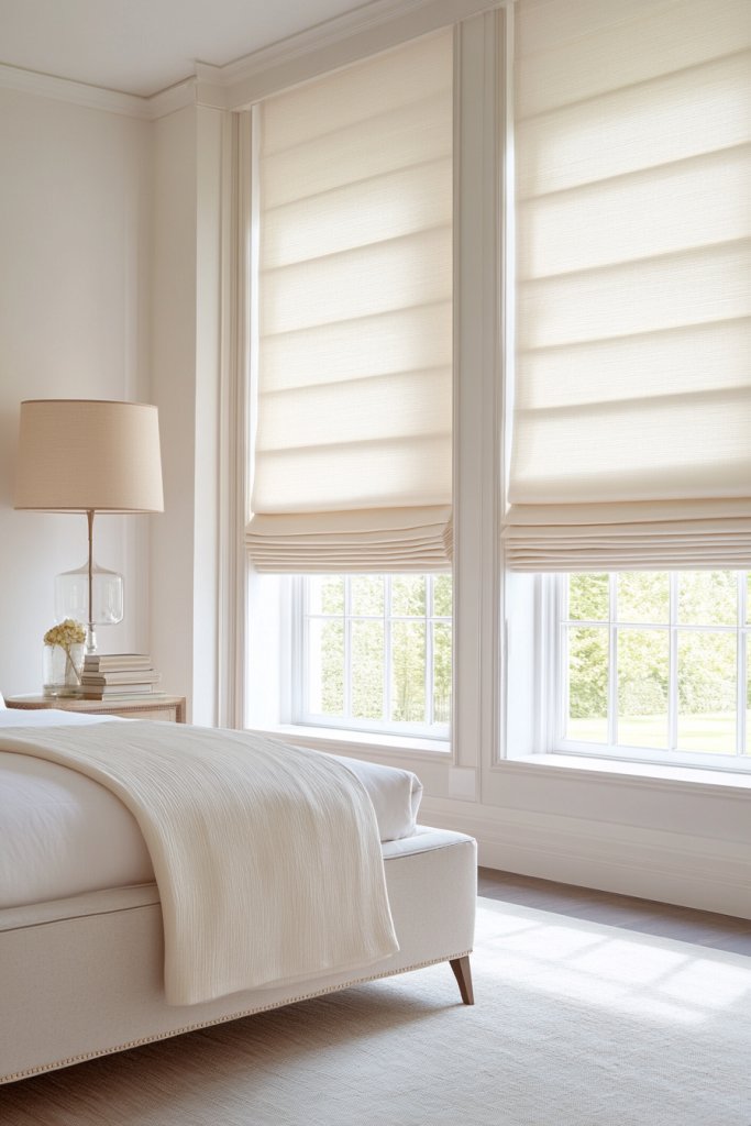 roman window shades in bedroom offering soft light and timeless style
