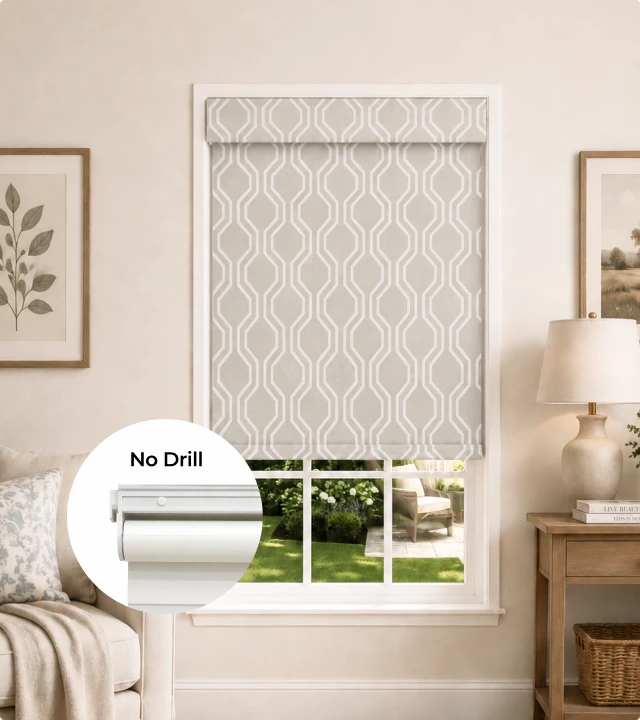 No-drill waterproof roller shades with a gray geometric pattern installed in a living room