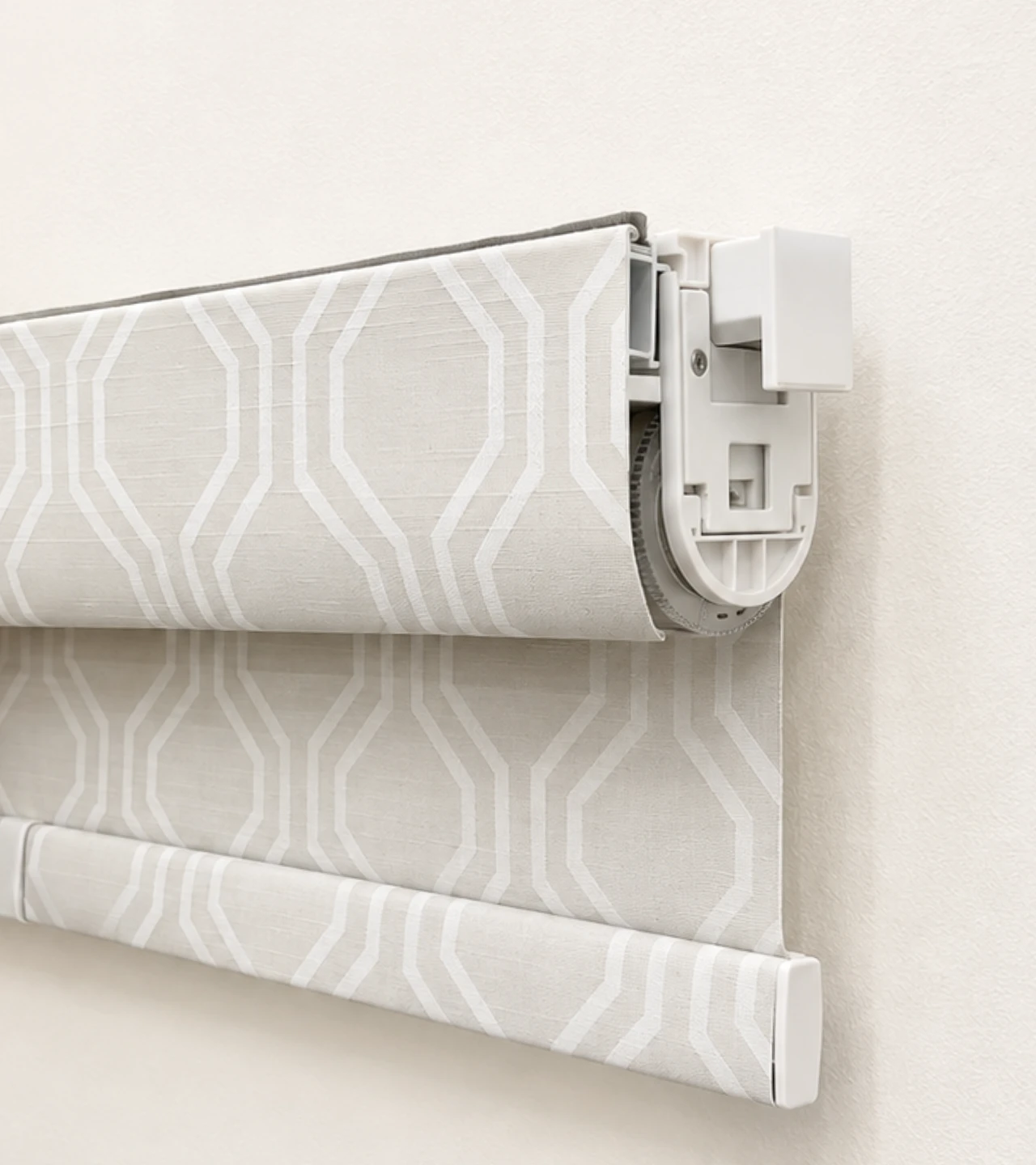 No-drill waterproof roller shades showing the headrail assembly and wrapped bottom bar