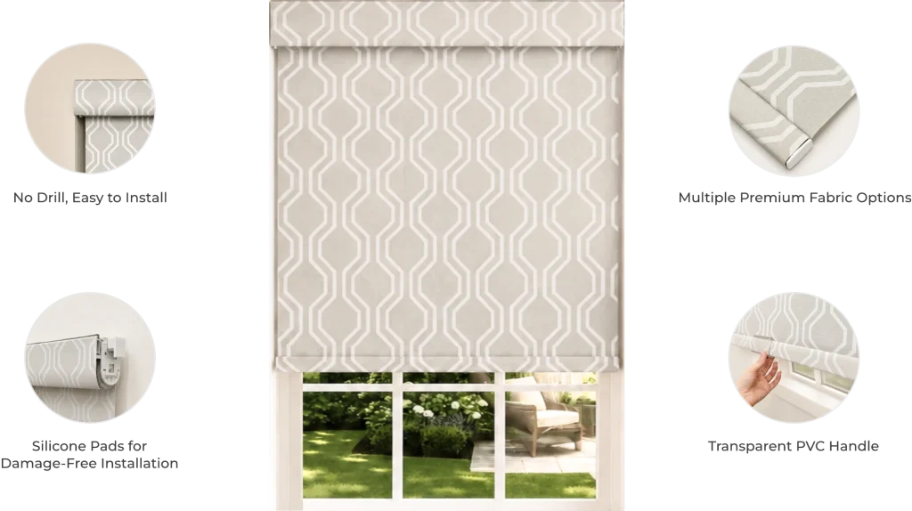 No-drill waterproof roller shades showing the geometric fabric, mounting hardware and lift handle