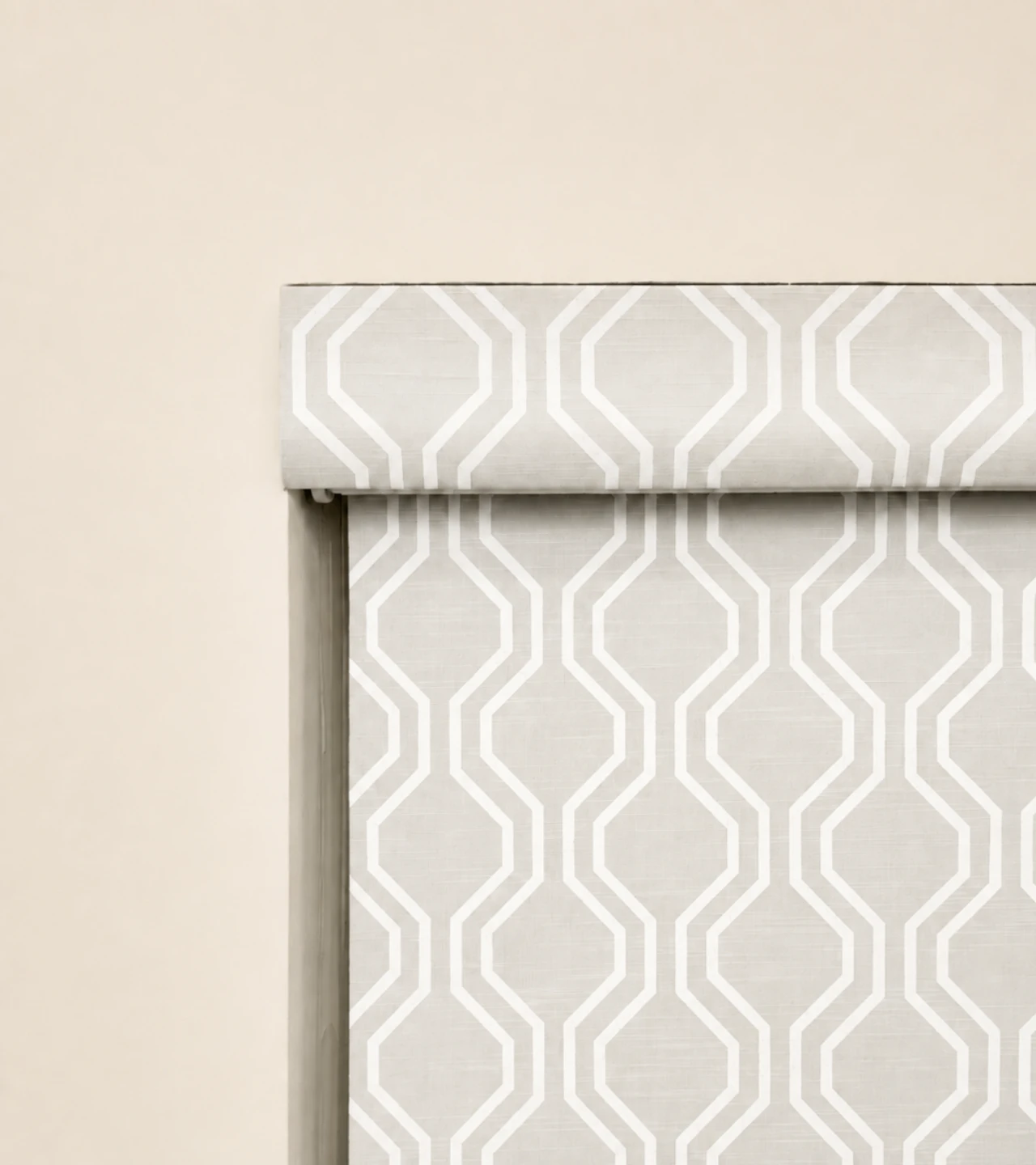 No-drill waterproof roller shades with a fabric-wrapped cassette and geometric pattern