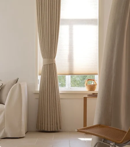 French vintage chenille blackout curtains adding warmth to a bright living room